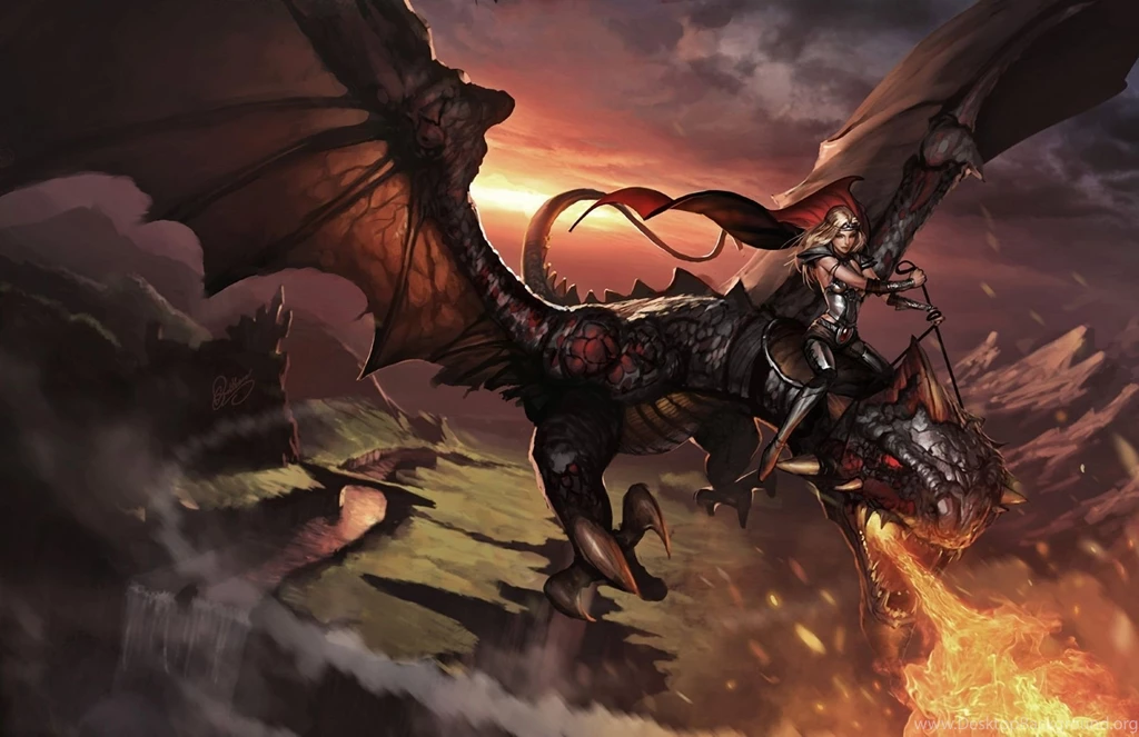 Art Dragon Girl In The Sky Fire Cape Riding Rider Canyon River ...