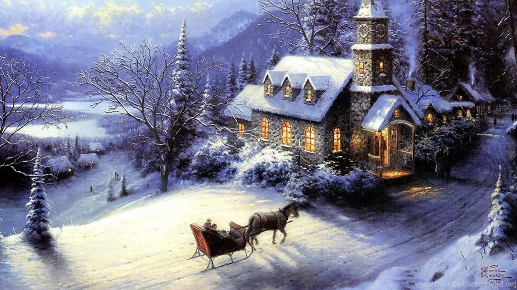 Wallpaper: Winter, New Year, Christmas, House, Sledge, Card, Snow ...