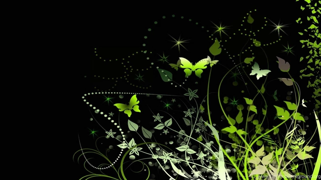 Green Pattern Artistic Flowers Black Backgrounds Butterflies ...