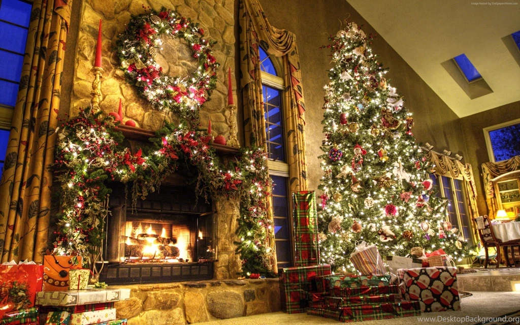 2560x1600 New Year, Fireplace, Decor, Fir tree, Fire, Lights, Room ...