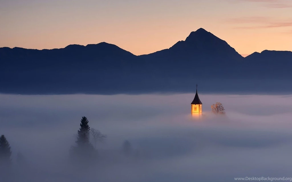 Religious: Church Tower Peeking Morning Fog Light Mountains ...