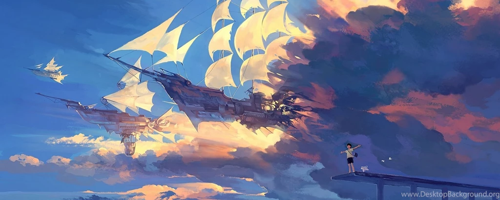 Download Wallpapers 2560x1024 Hanyijie, Sky, Scenery, Ship, Anime ...