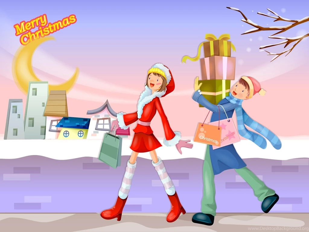 Merry Christmas Cartoon Shopping Gifts Wallpapers