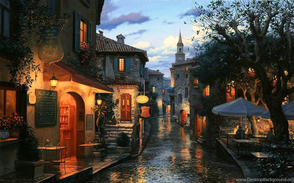 Painting Lushpin Evening Street European Playground Cafe Bar ...