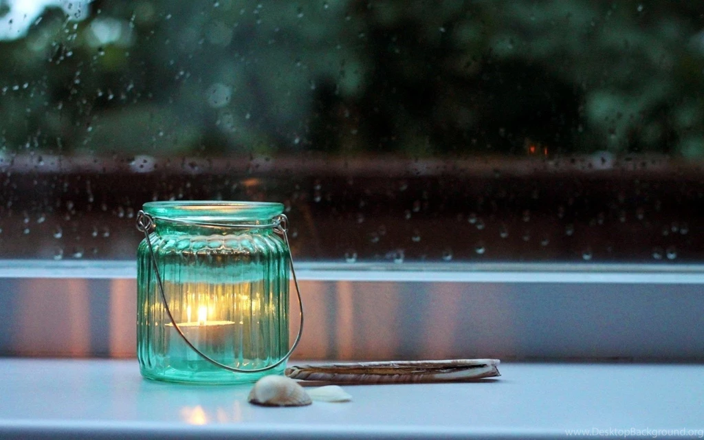 Candle Jar Seashells Window Rain Evening Hd Wallpapers Wallpapers