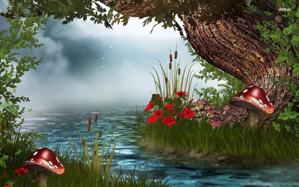 Red Big Mushrooms By The Lake Wallpapers   Digital Art Wallpapers ...