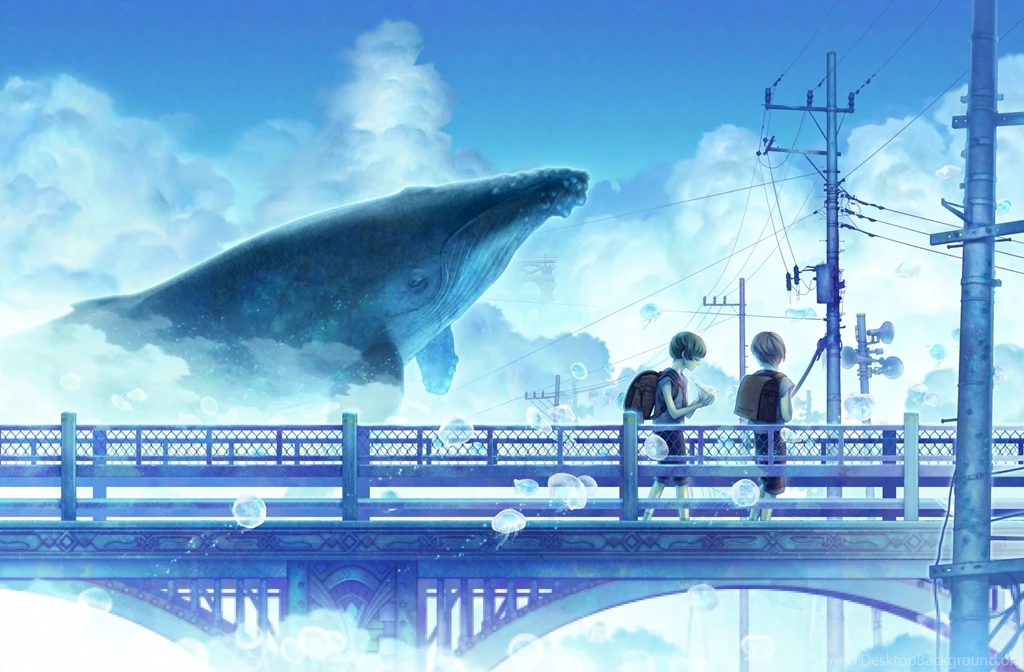 Bridge Children Clouds Whale Wire Anime Boys Jellyfish Sky Pillars ...