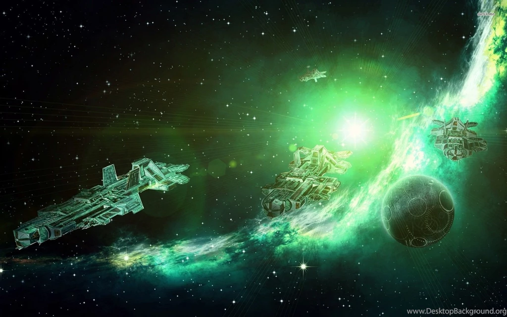 Spaceship In The Green Cosmos Wallpapers Fantasy Wallpapers