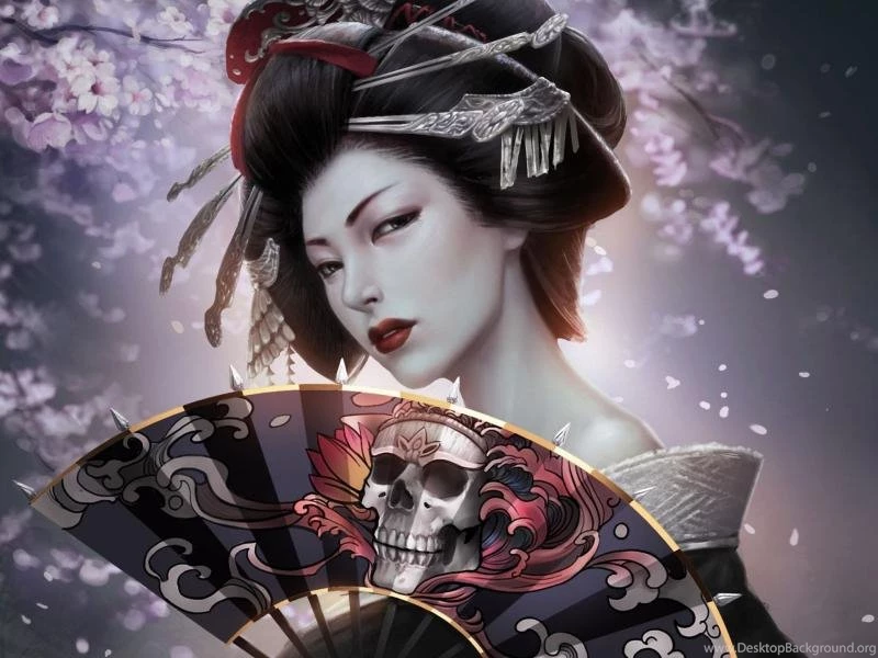 Fantasy Japanese Girl, Geisha, Kimono, Paper Fan, Skull Wallpapers ...
