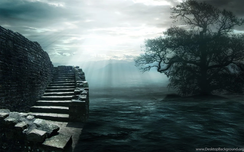 Wallpapers Darkness, Steps, Lake, Storm Clouds, Tree, Ruins Desktop ...