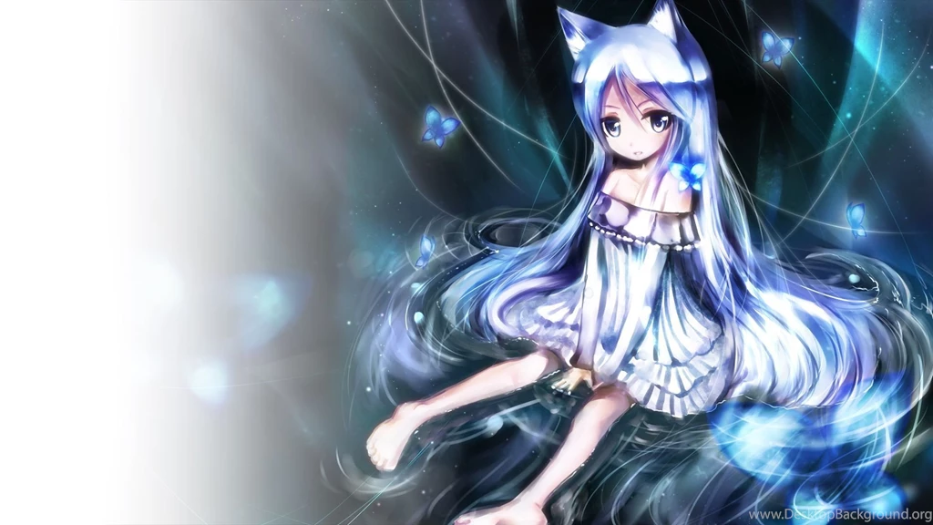 Animal Ears Barefoot Blue Eyes Butterfly Catgirl Dress Gray Hair ...