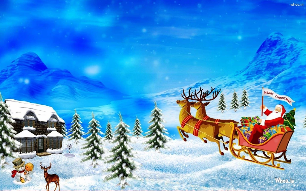 Santa claus ride sleigh with white snow background hd wallpapers
