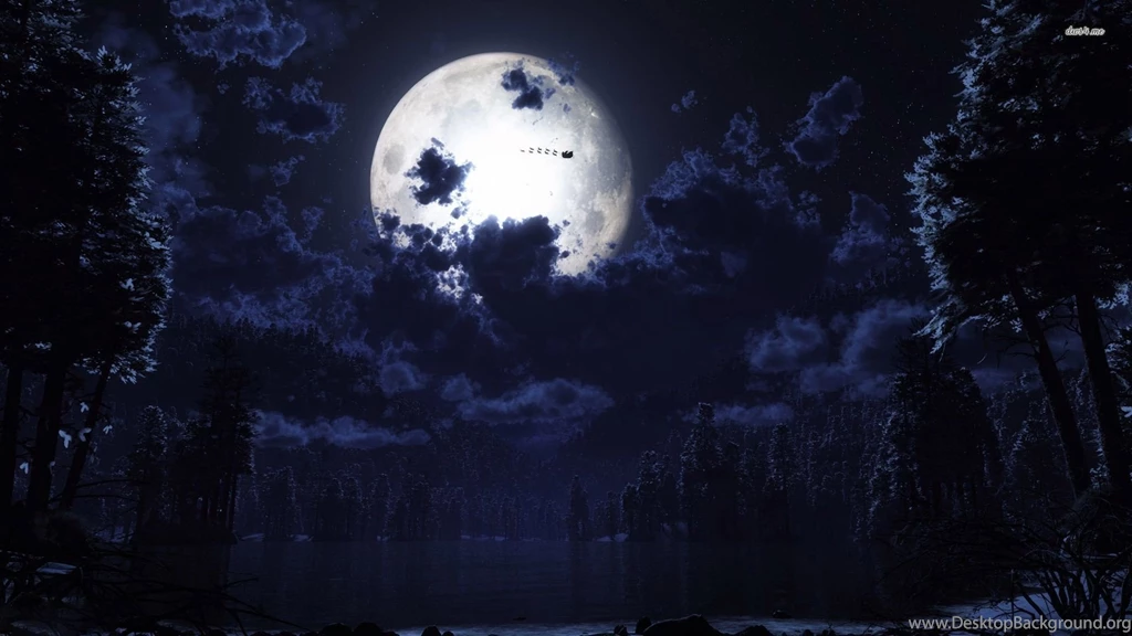 Santa Sleigh In The Moonlight, Reindeer, Tree, Lake, Santa Claus ...