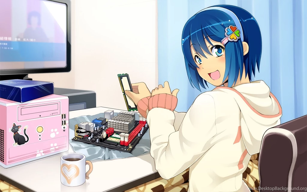 Anime, Girl, Computer, Motherboard, Ram, Monitor