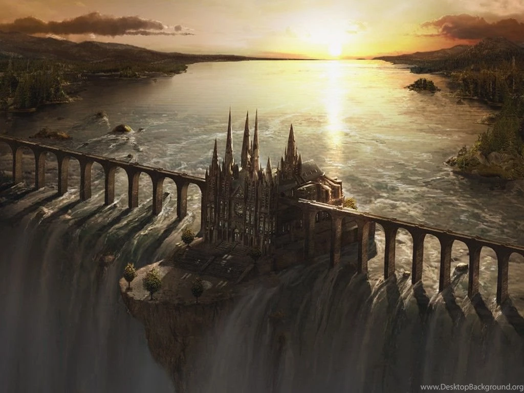 Medieval: Water Chatedral Sunset Fantasy Graphics Waterfall ...