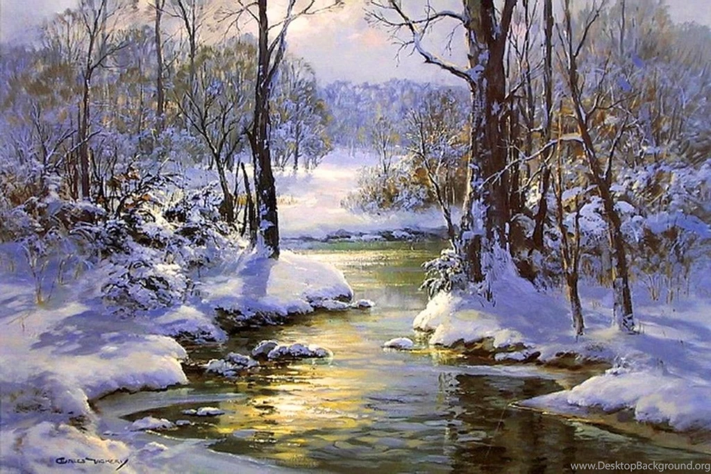 Winter Winter Beauty Snow Lake Painting Nature Desktop Backgrounds ...
