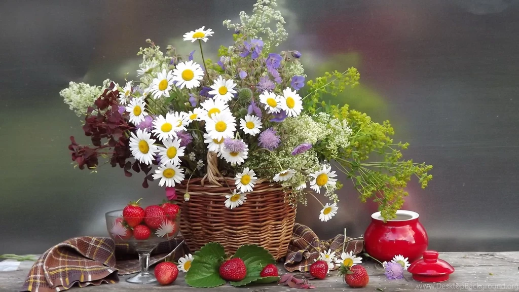 Daisies Flowers Flower Bouquet Strawberries Berries Still Life ...