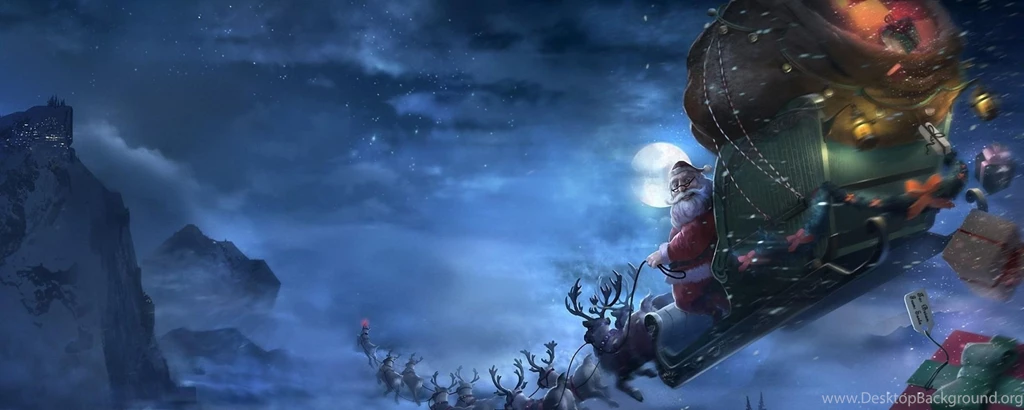 Download Wallpapers 2560x1024 Santa Claus, Reindeer, Sleigh, Flying ...