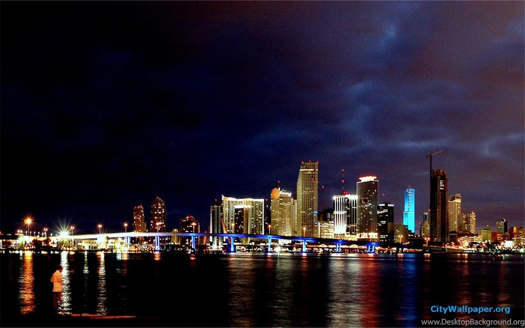 Miami Skyline At Night Wallpaper.