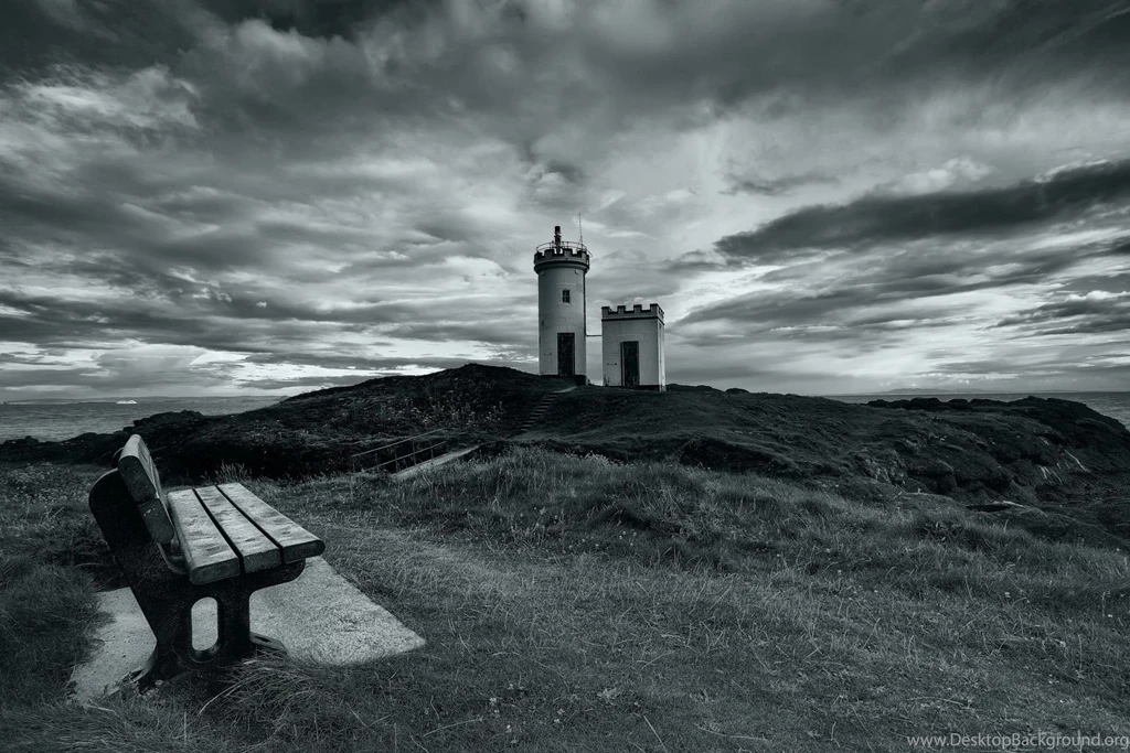 Lighthouse Sea Bench Landscape Sky Clouds Black White Wallpapers ...
