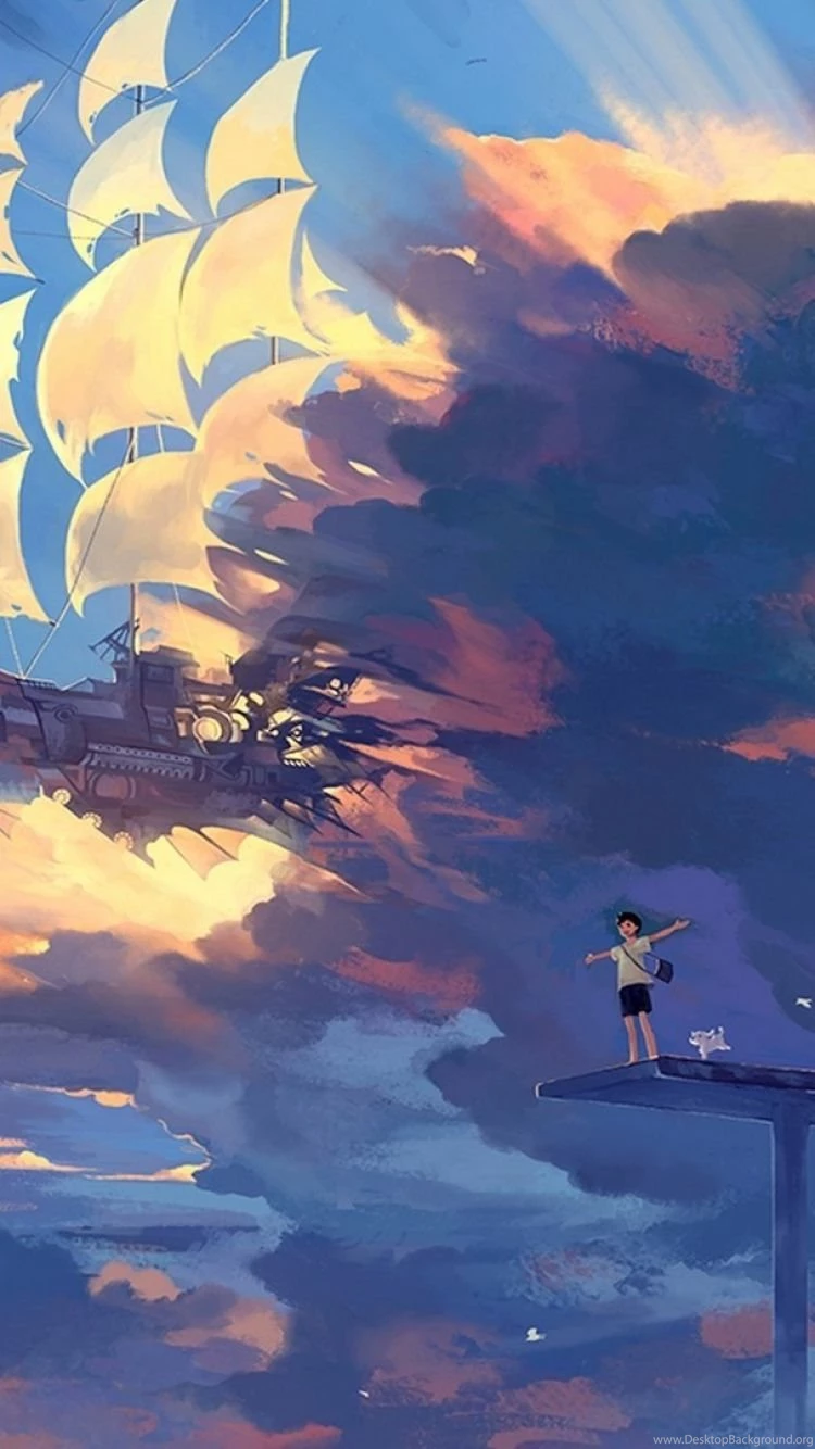 Download Wallpapers 750x1334 Hanyijie, Sky, Scenery, Ship, Anime ...