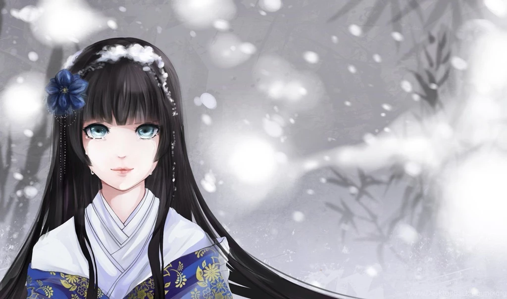 Anime Girl Long Hair Winter Snow Cry Kimono Wallpapers