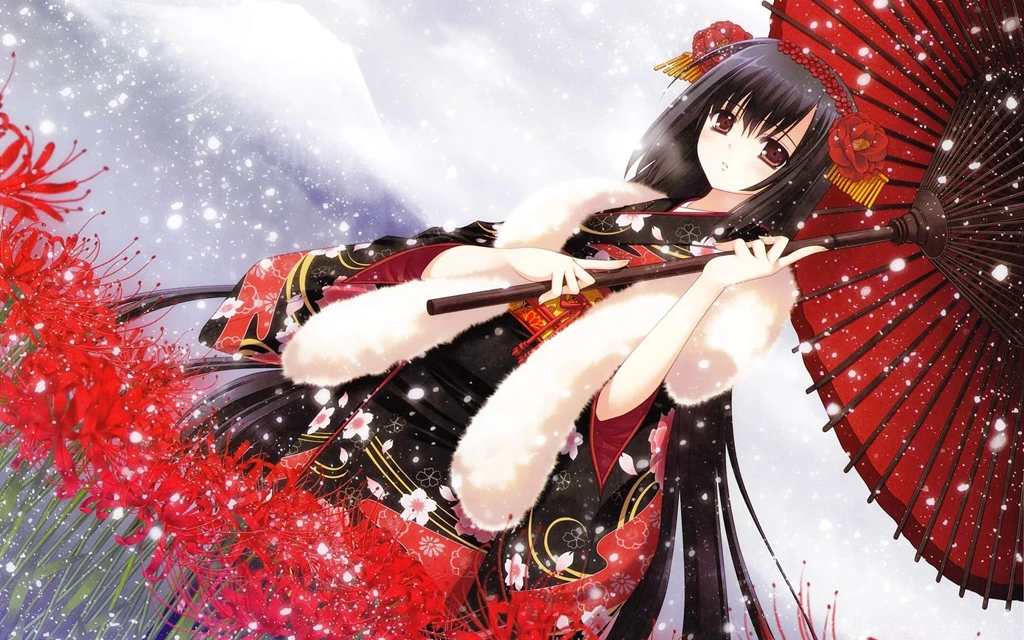Anime, Kimono, Anime Girls, Umbrella, Snowing, Winter, Red Flowers ...