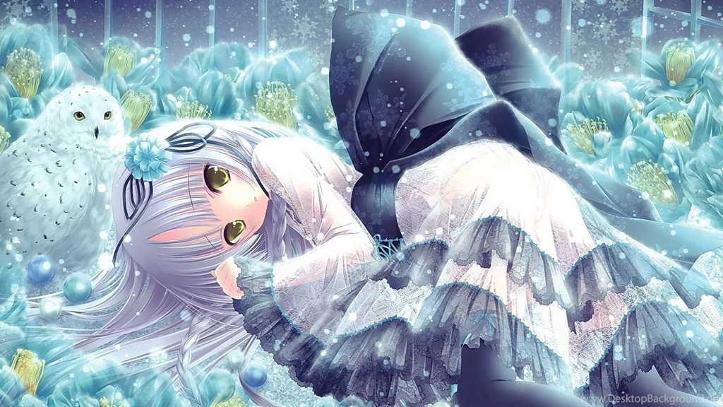 Anime Girl With White Hair Yellow Eyes Winter With Owl White Dress ...