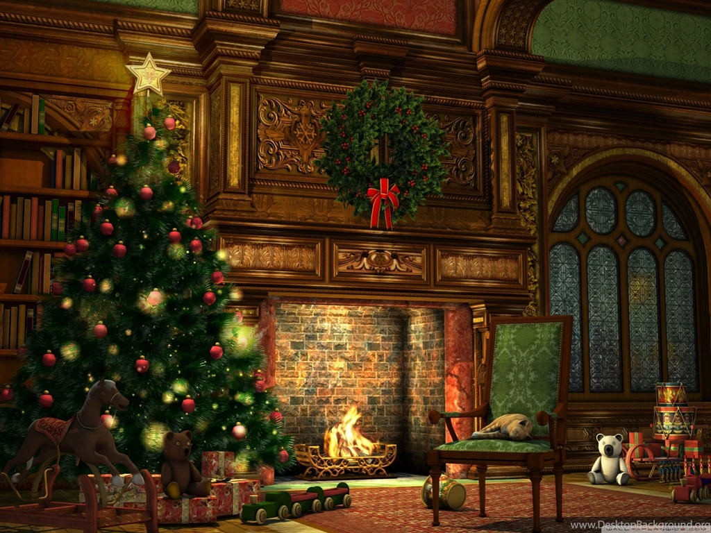 Christmas Fir tree At A Fireplace Wallpapers And Images ...