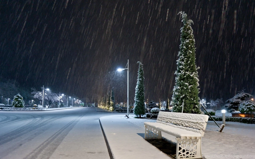 Wallpapers Snow, Winter, Night, Bench, Lights Desktop Wallpapers ...