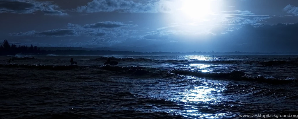 Download Wallpapers 2560x1024 Moon, Night, Ocean, Coast, Light ...