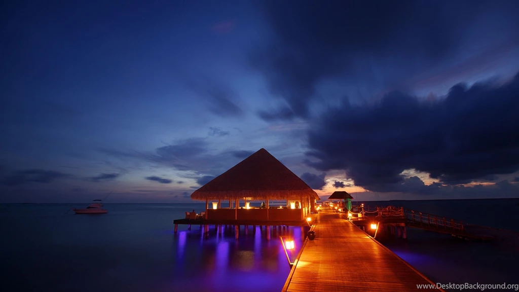 Night Lights Maldives Tropical Beach Bungalow Ocean Sea Sunset ...