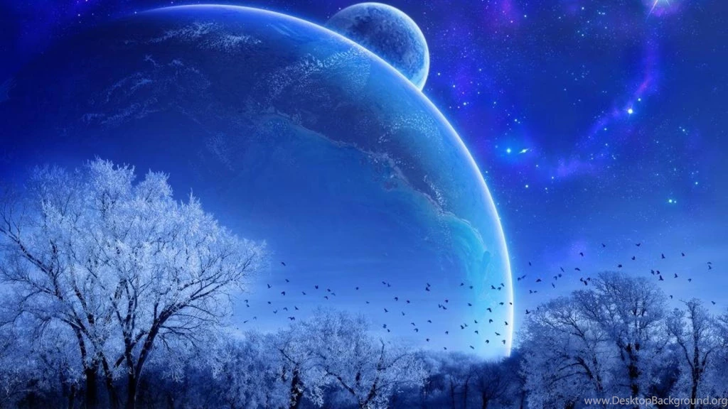 Wallpaper: Fantasy, Blue Sky, Cosmos, Space, Moon, Star, Trees ...