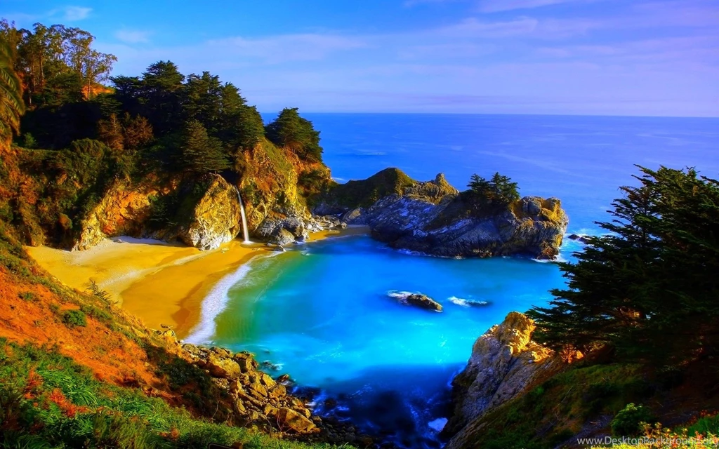 Waterfalls: COASTAL WATERFALLS Hills Rocky Coast Stones Beach ...