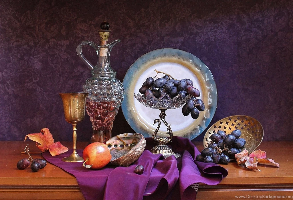 Grapes Apples Wine Jug Glass Plate Napkin Still Life Wallpapers ...