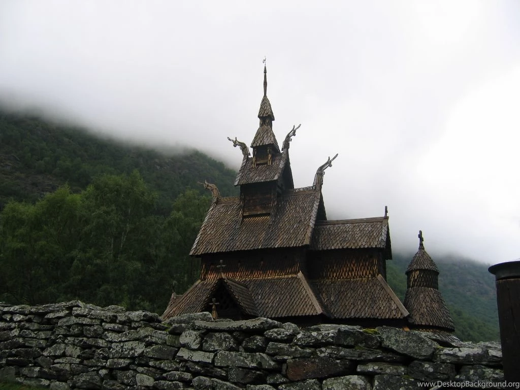 Medieval: Viking Church Stone fence Wood Norwegian Architecture ...