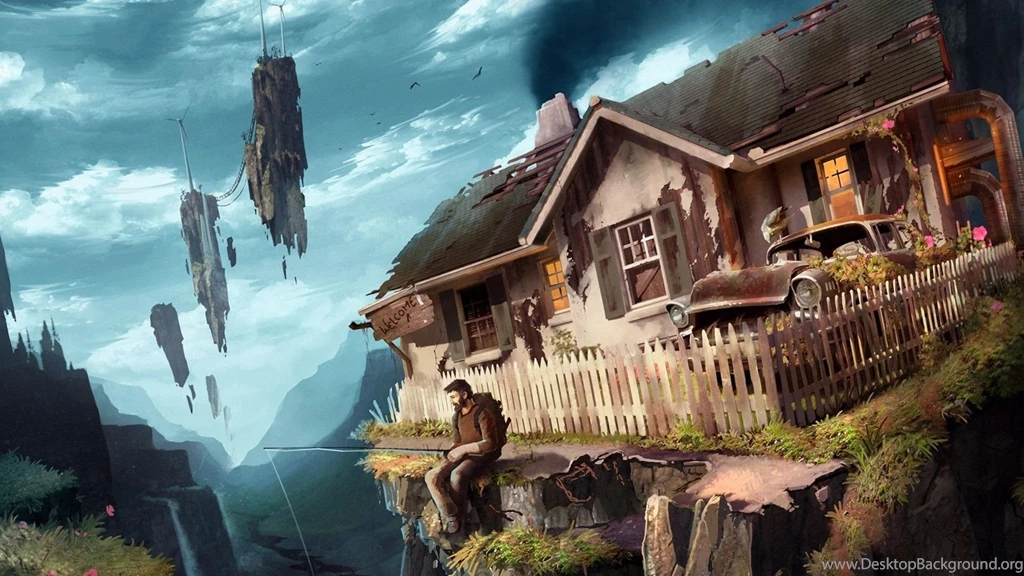 Houses Men Rocks Fantasy Art Fishing Wallpapers