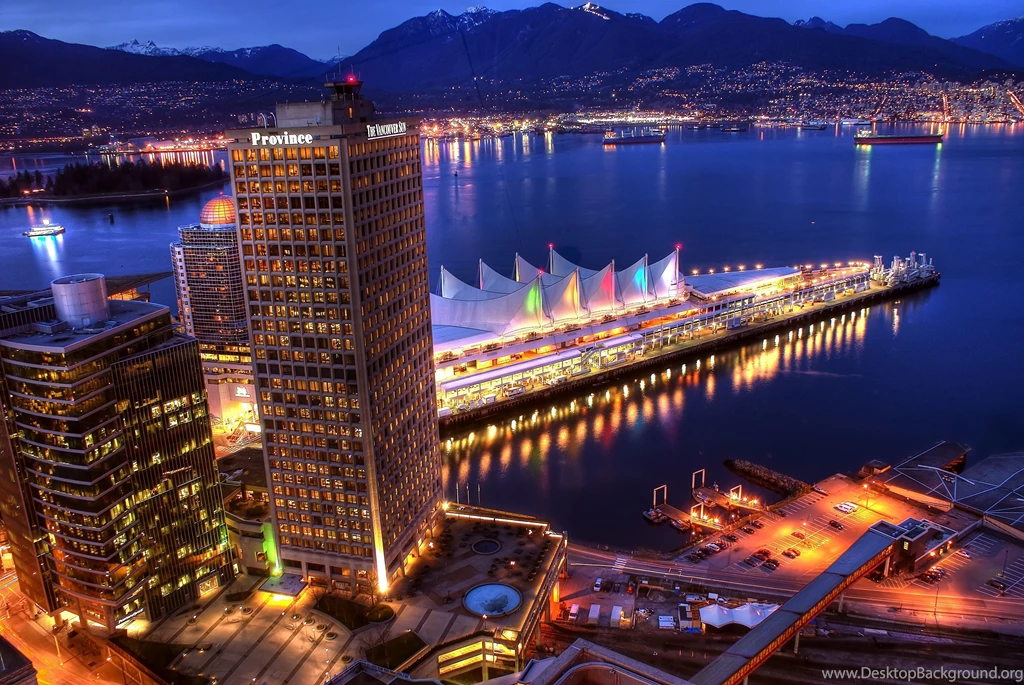 Skyscrapers: Vancouver Sails Blue Ocean Water Highrise City Night ...