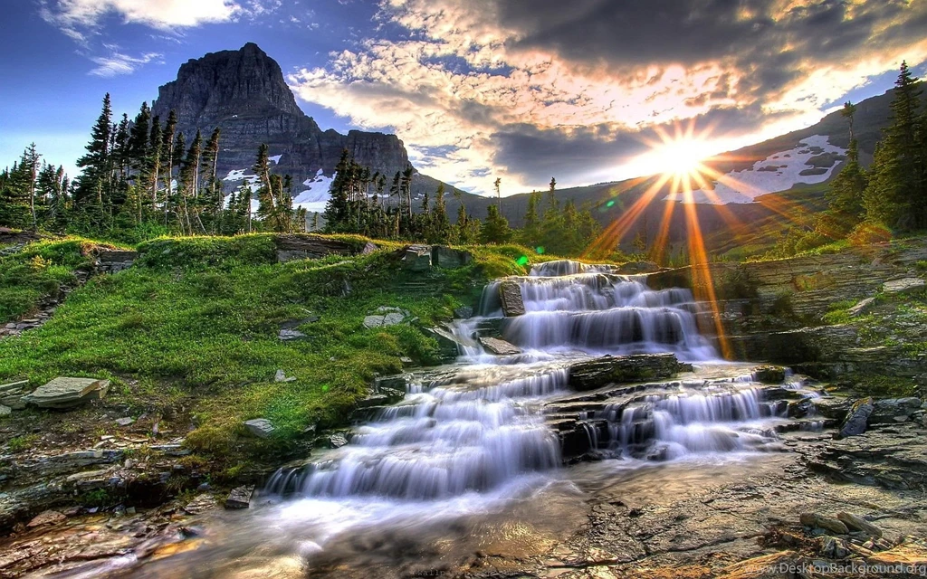 Waterfall Mountain Sunset Wallpapers