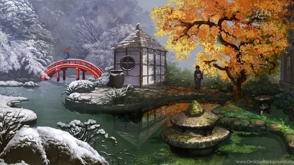 Woman Cleaning A Japanese Garden Wallpapers