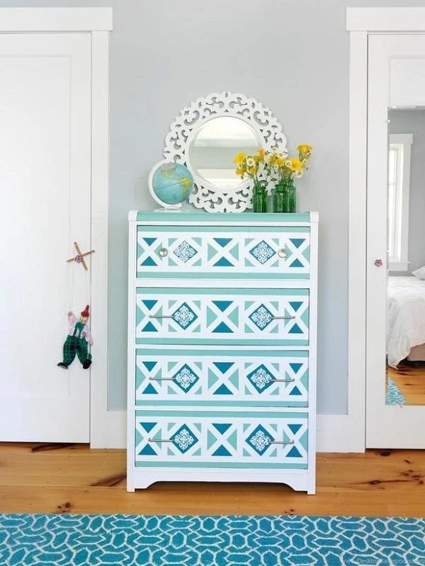 Blue geometric wallpaper dresser DIY.jpg
