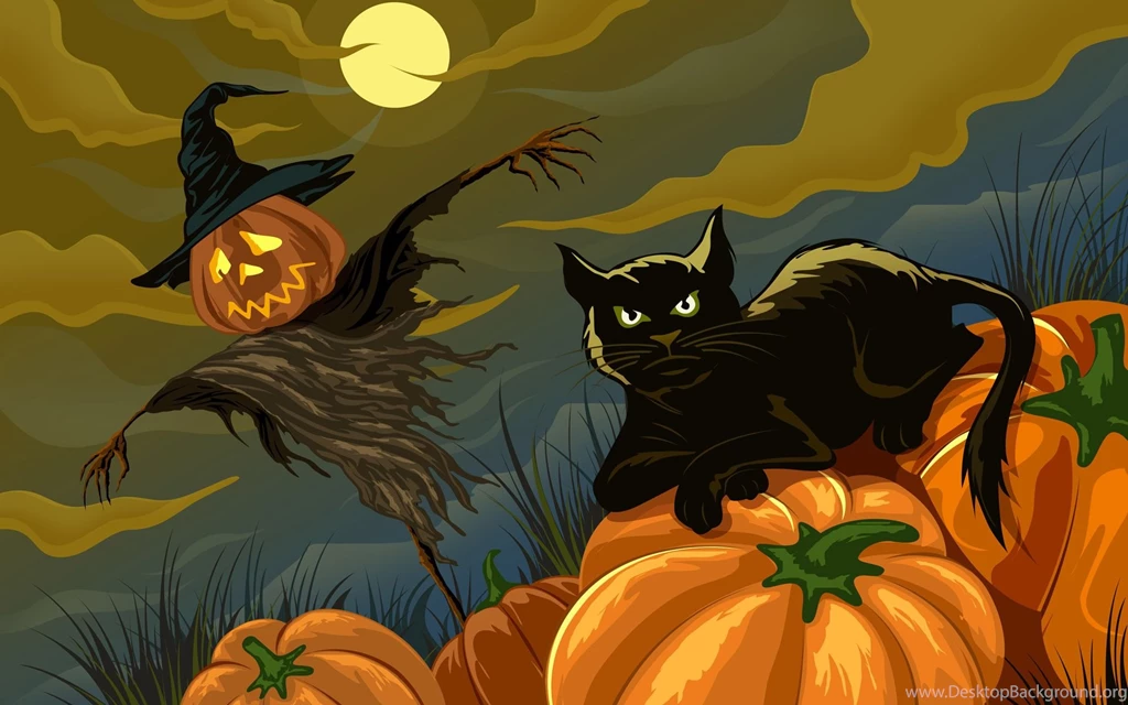 34 Halloween Illustration Wallpapers   Black Cat & Jack o lanterns ...