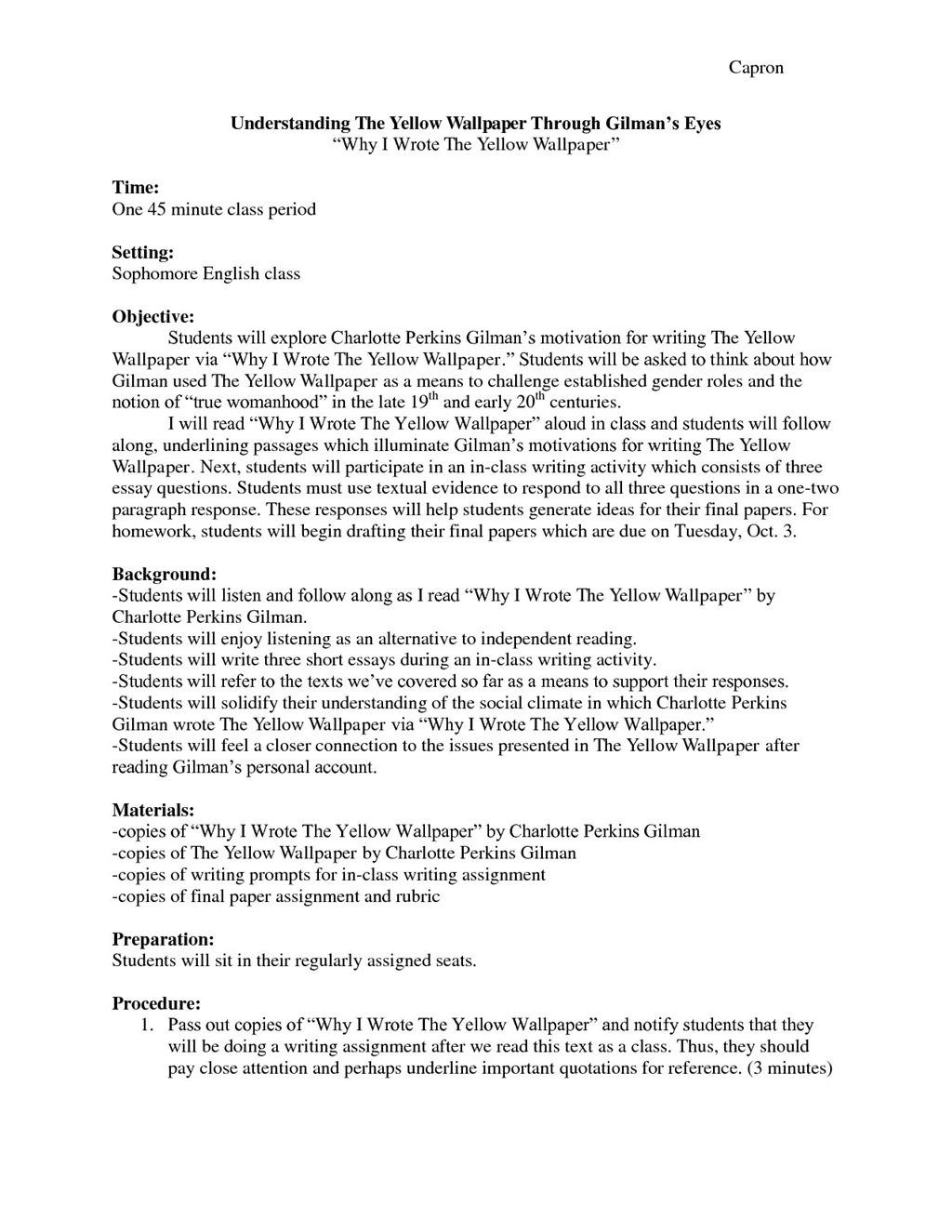 The Yellow Wallpapers Analysis Essay