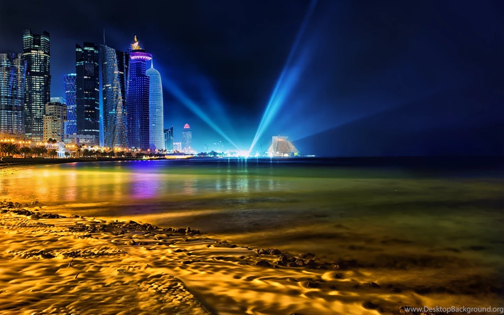 Qatar Buildings Skyscrapers Night Beach Ocean Lights Wallpapers ...