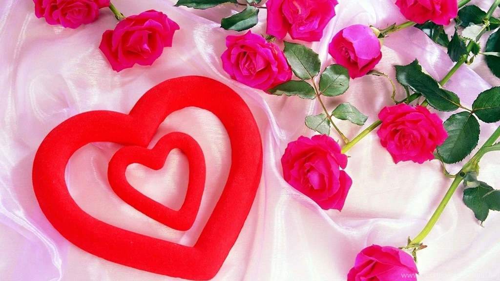 Red heart with pink roses wallpapers