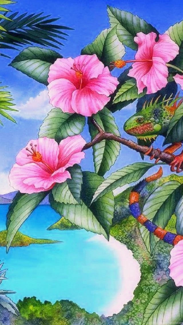 640x1136 Iguana & Pink Hibiscus Iphone 5 Wallpapers