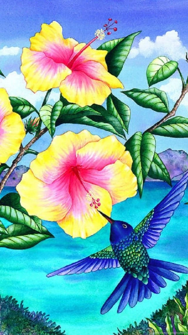 640x1136 Hummingbirds & Yellow Hibiscus Iphone 5 Wallpapers