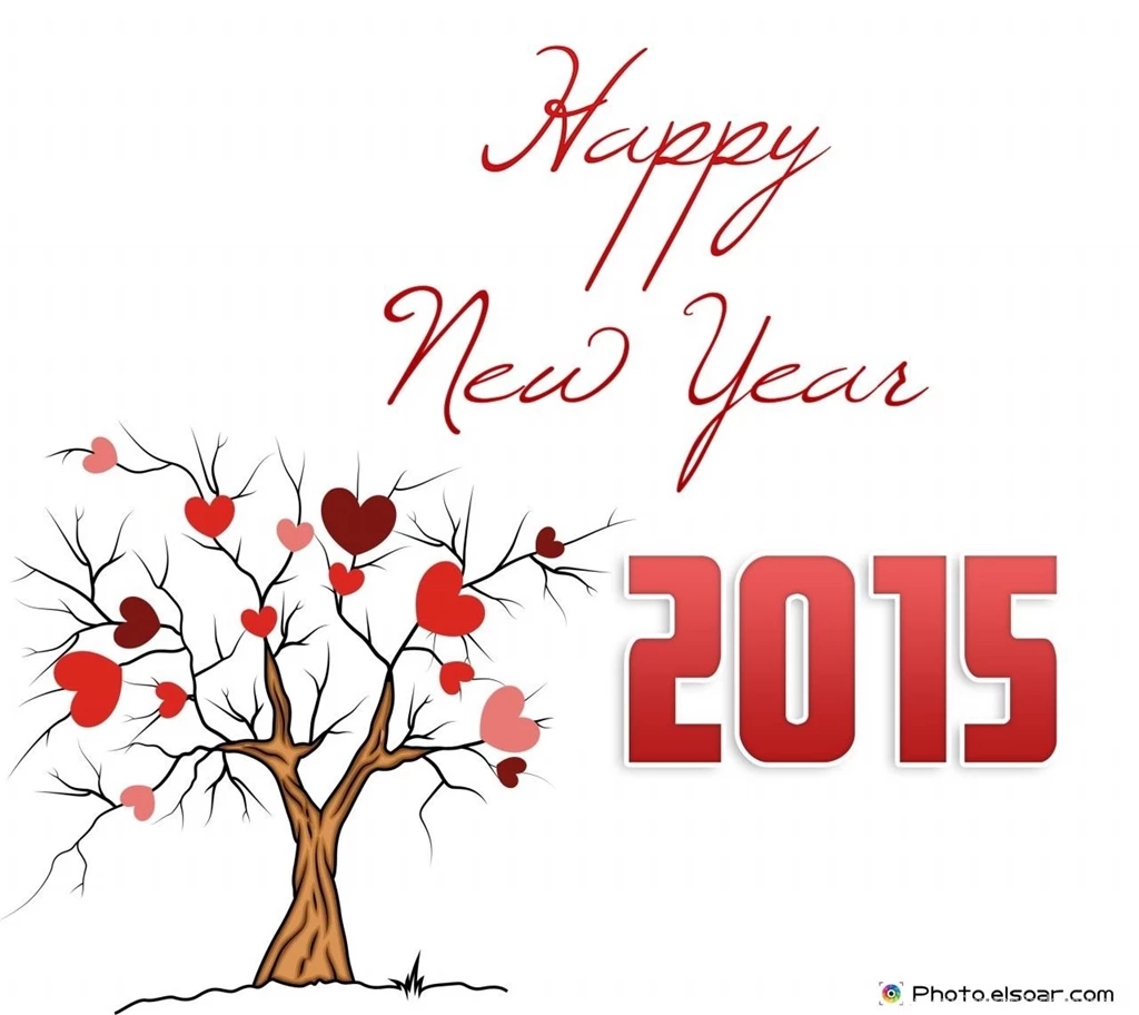 Happy New Year 2015 With Tree And Hearts