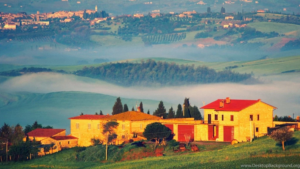 Houses: Golden Village Tuscany Landscape Sunset Fields Gills Fog ...