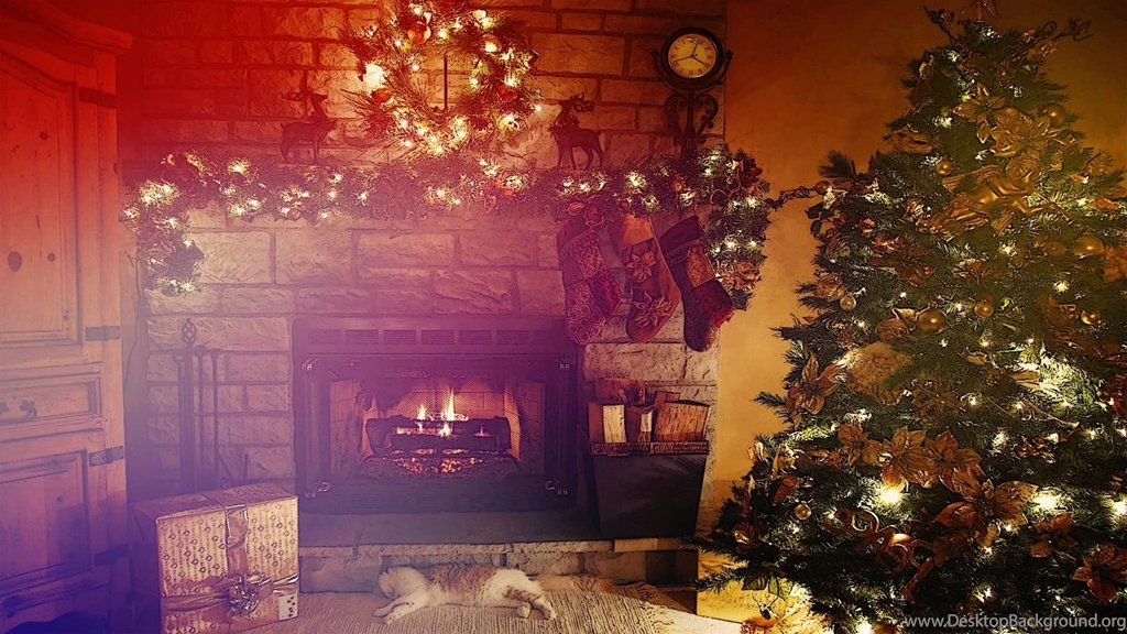 Christmas, Fireplace, Cat, Lights, Interiors, Clocks Wallpapers HD